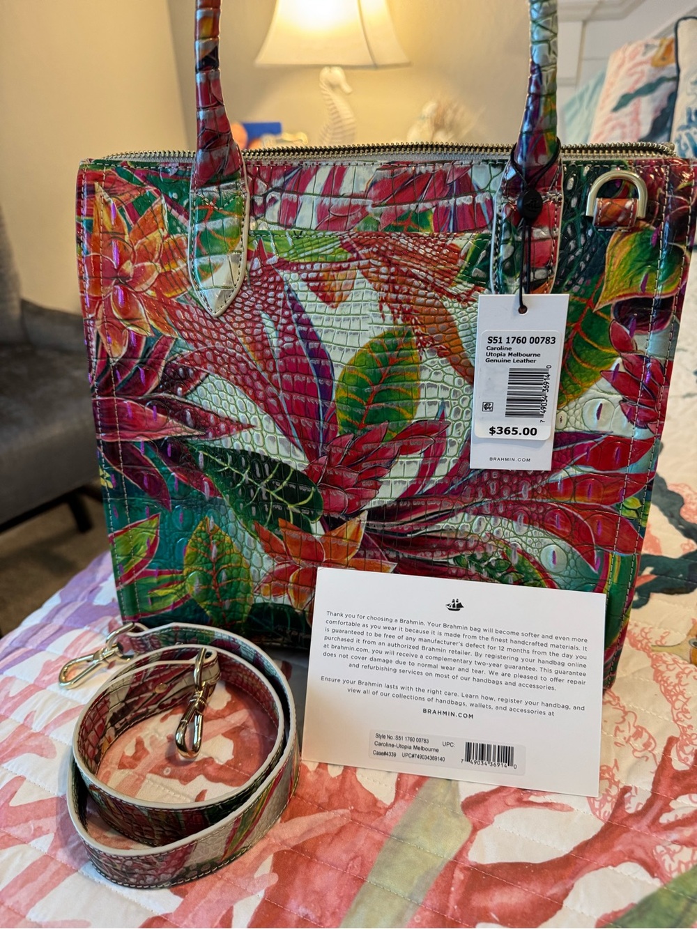 Brahmin Multicolor Floral Embossed Satchel - Pink, Green, Orange - Picture 7 of 9